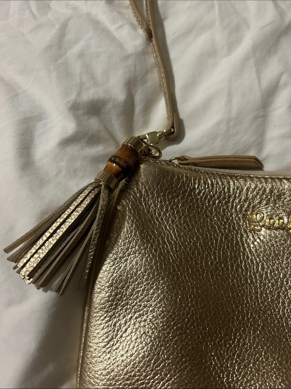 Lilly Pulitzer Metallic Gold Pebbled Leather Crossbody with Tassel Accent